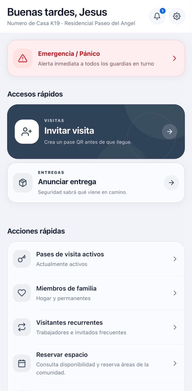 Pantalla real de Hentra con accesos para visitas y entregas