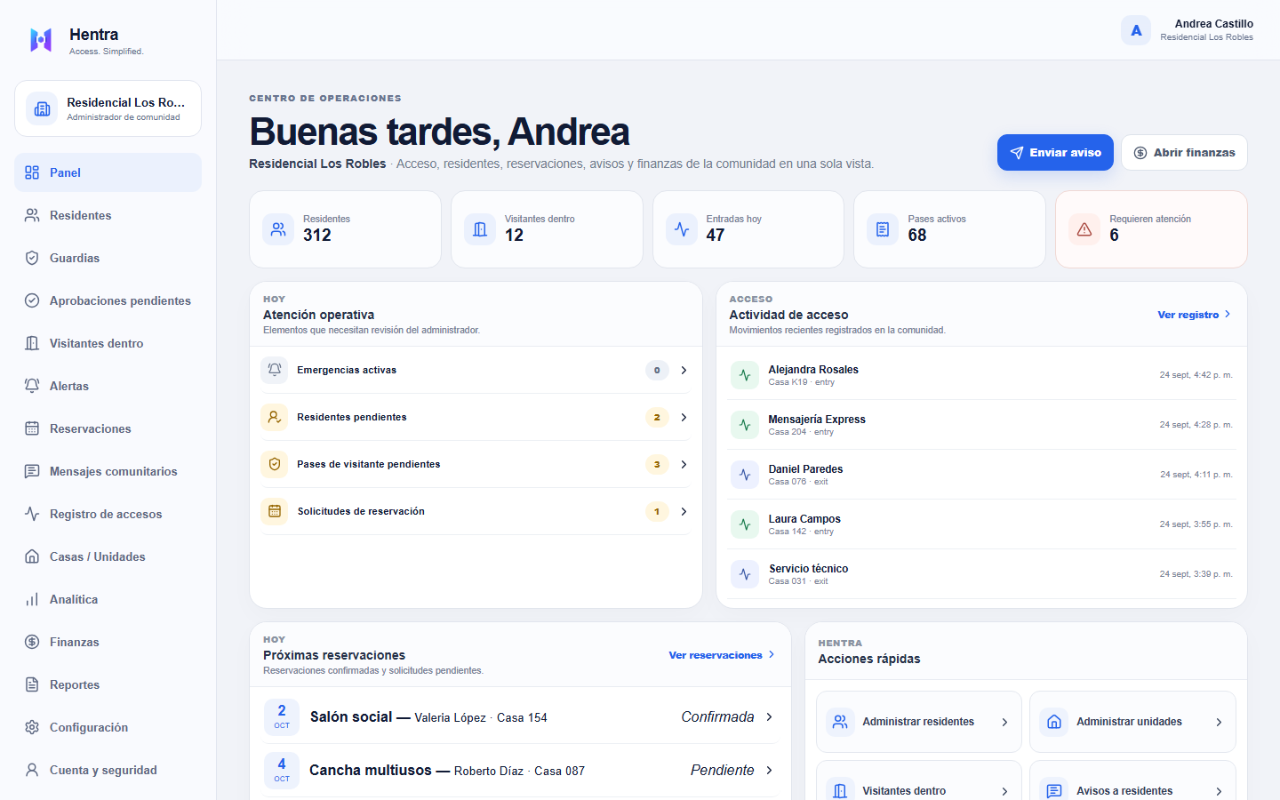 Portal Admin residencial de Hentra con actividad y estado de la operación