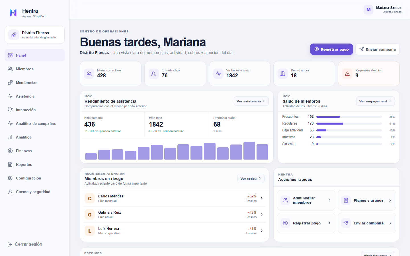 Portal Admin de gimnasio Hentra con asistencia y salud de miembros